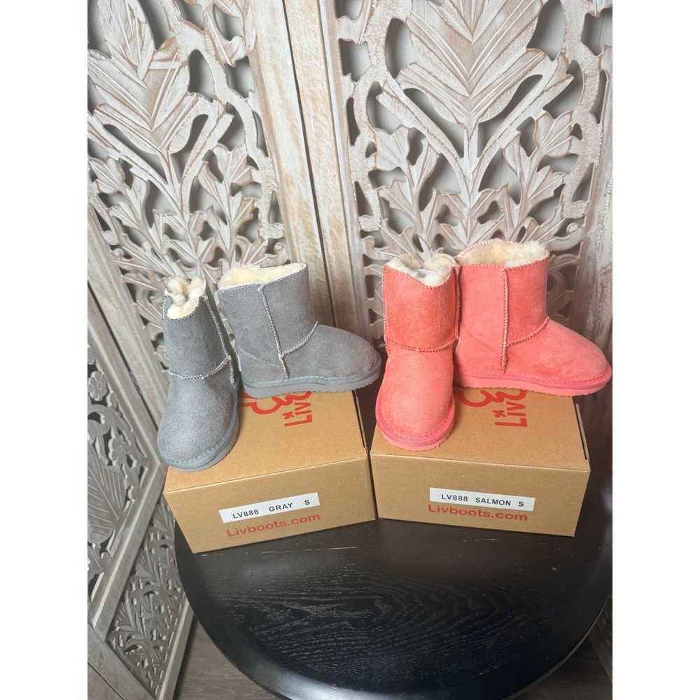 Liv Boots LV888 Kids Suede Shearling Winter Boots Gray Salmon Size S New - Picture 4 of 9